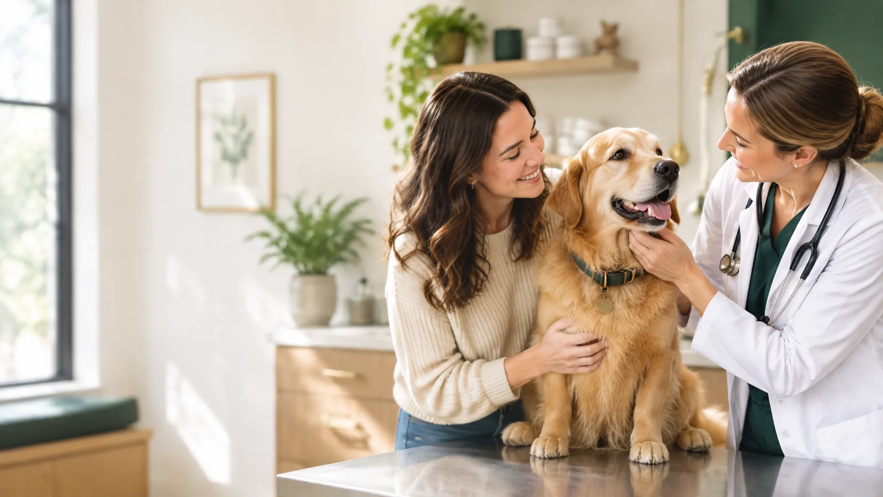 A dog with its owner meeting a veterinarian in a calm clinic
