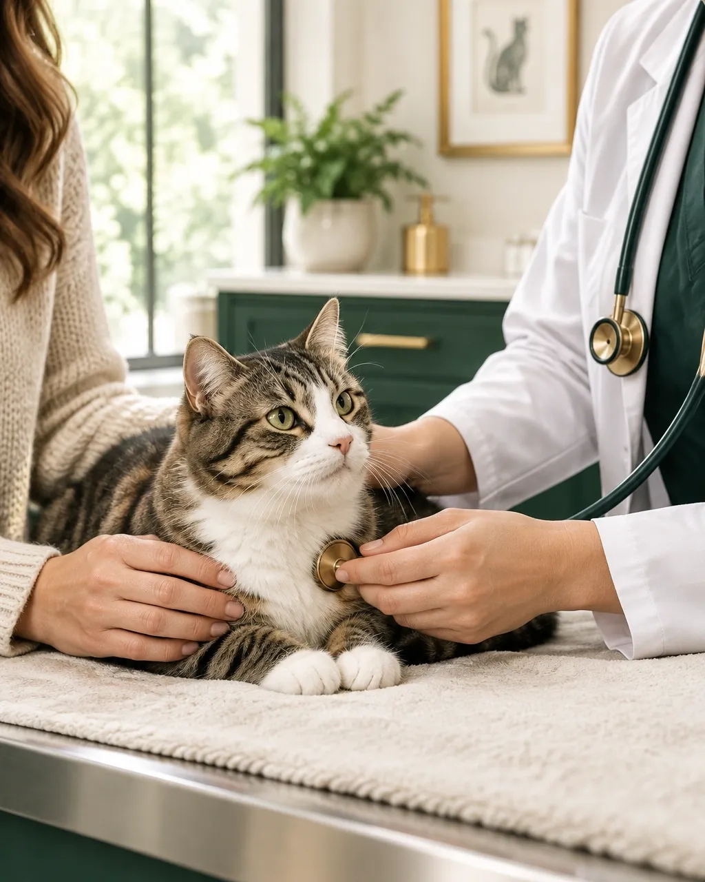 A veterinarian gently examining a cat beside its owner
